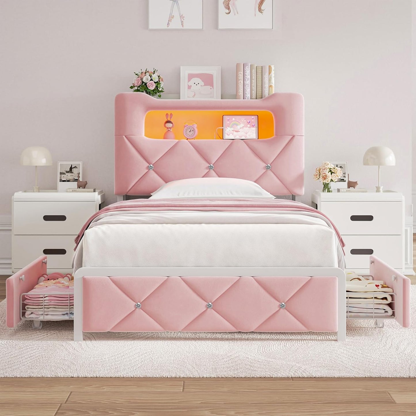 Twin Upholstered LED Bed Frame with 2 Storage Drawers and 2-Tier Storage Bookcase Headboard, Velvet Princess Platform Bed for Kids/Girls/Boys, Corner Bed Frame, Heavy Duty Metal Support, Pink