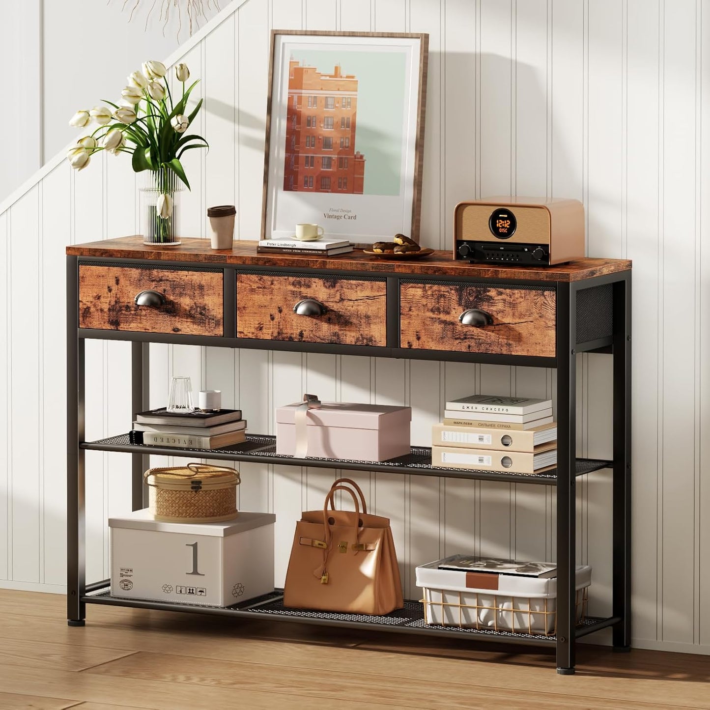 White Entryway Table, 38'' Console Sofa Table with 3 Fabric Drawers, Industrial Entry Way Table with Storage Shelves, Display Shelf for Living Room, Hallway, Entrance, Foyer