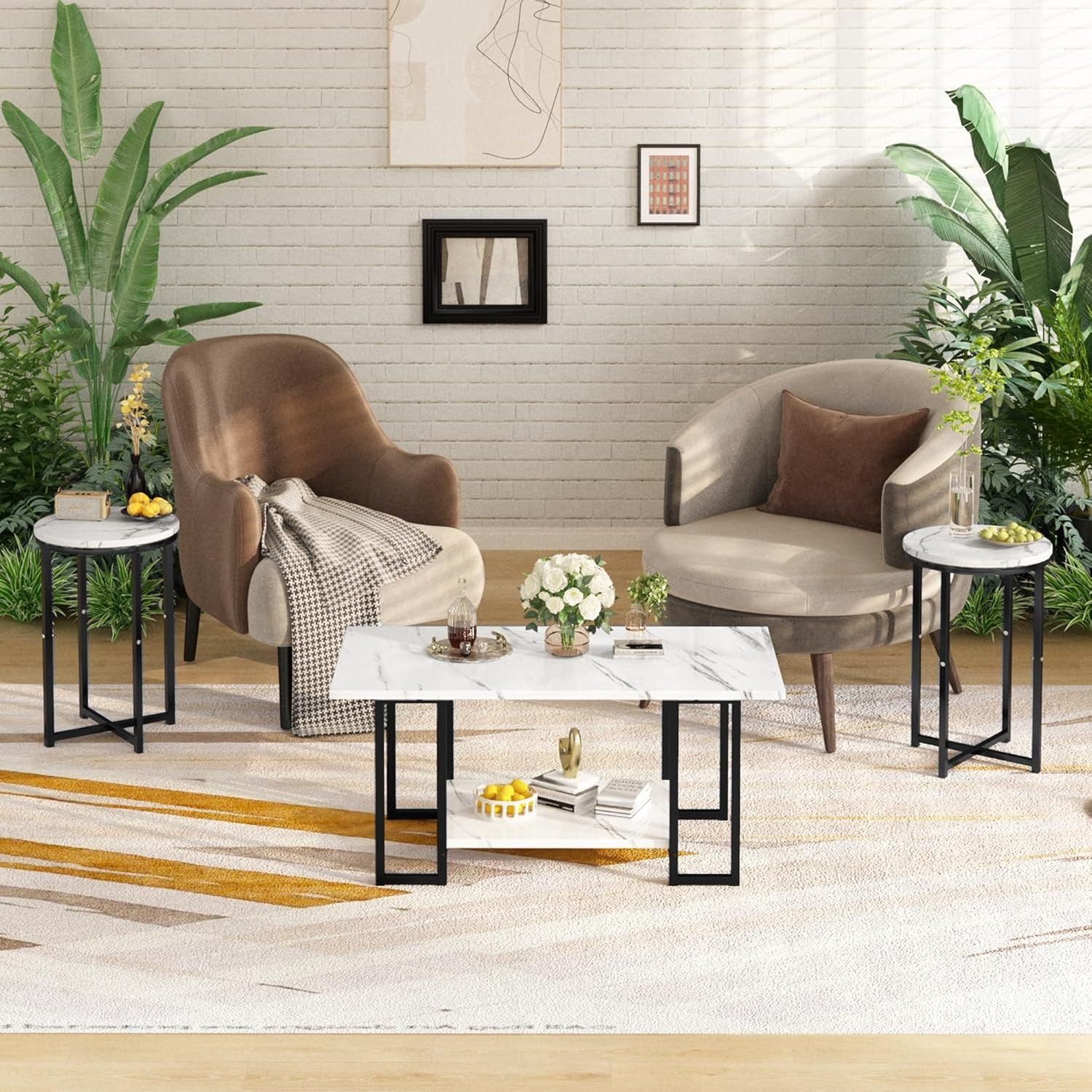 3 Pieces Living Room Table Set, Faux Marble Coffee Table with 2 round End Side Tables, Coffee Table Set with Metal Frame for Apartment Home Office, White Black