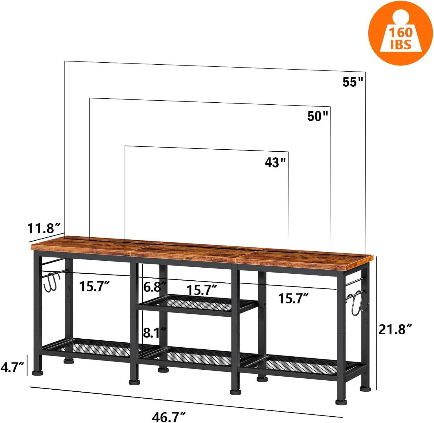 TV Stand for Tvs up to 55 Inch, Entertainment Center with Open Storage Shelves, Media Console Table with Soundbar Shelf for Living Room, Bedroom, Rustic Brown