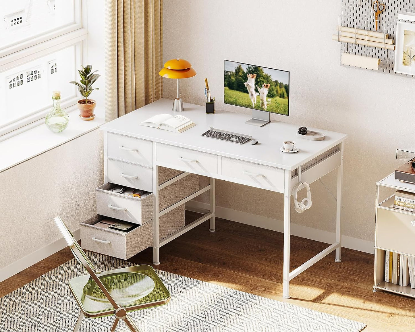 Computer Desk with 6 Drawers, 40 Inch Small Desk with Storage, Reversible Desk with Headphone Hook for Home Office, Work Study Table for Bedroom, White