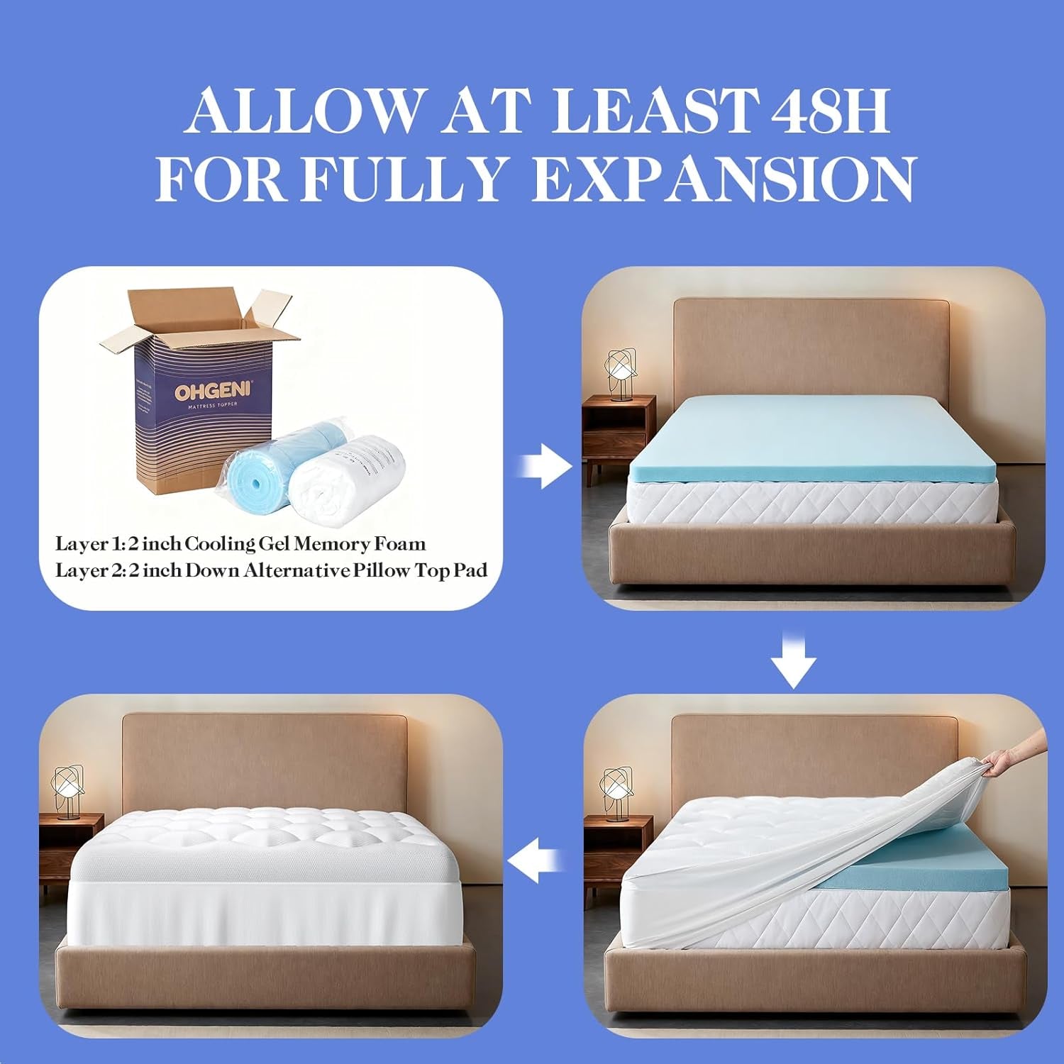 Cooling 4 Lnch Queen Size Dual Layer Mattress Topper, 2 Inch Gel Memory Foam, 2 Inch Soft Pillow Top Pad, Guest Bedroom Essentials Mattresses Cover, Extra Comfortable Sleep and Back Pain Relief