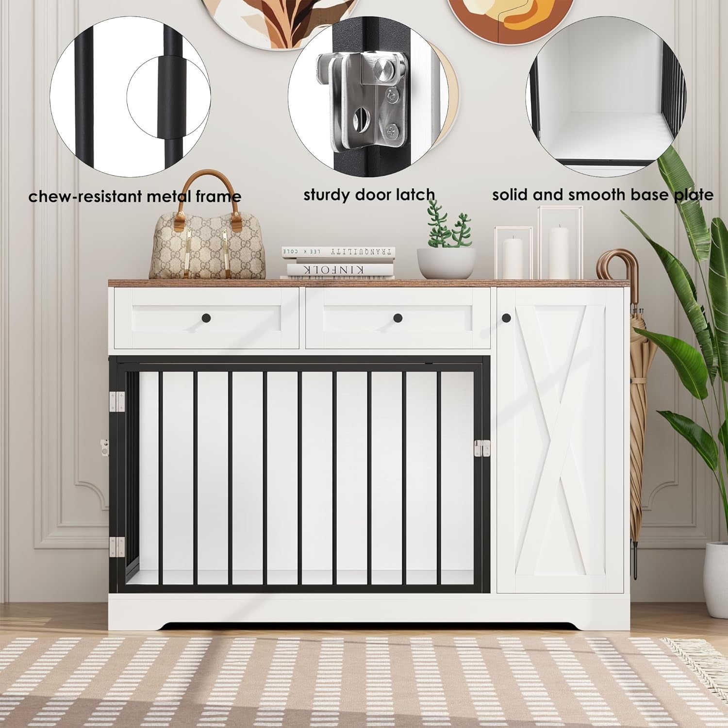 Dog Crate Furniture Kennel with Double Doors Wooden Pet House with 2 Drawers and Storage Cabinet, Indoor Dog Cage Farmhouse Modern Side End Table for Small Medium Dogs, Rustic