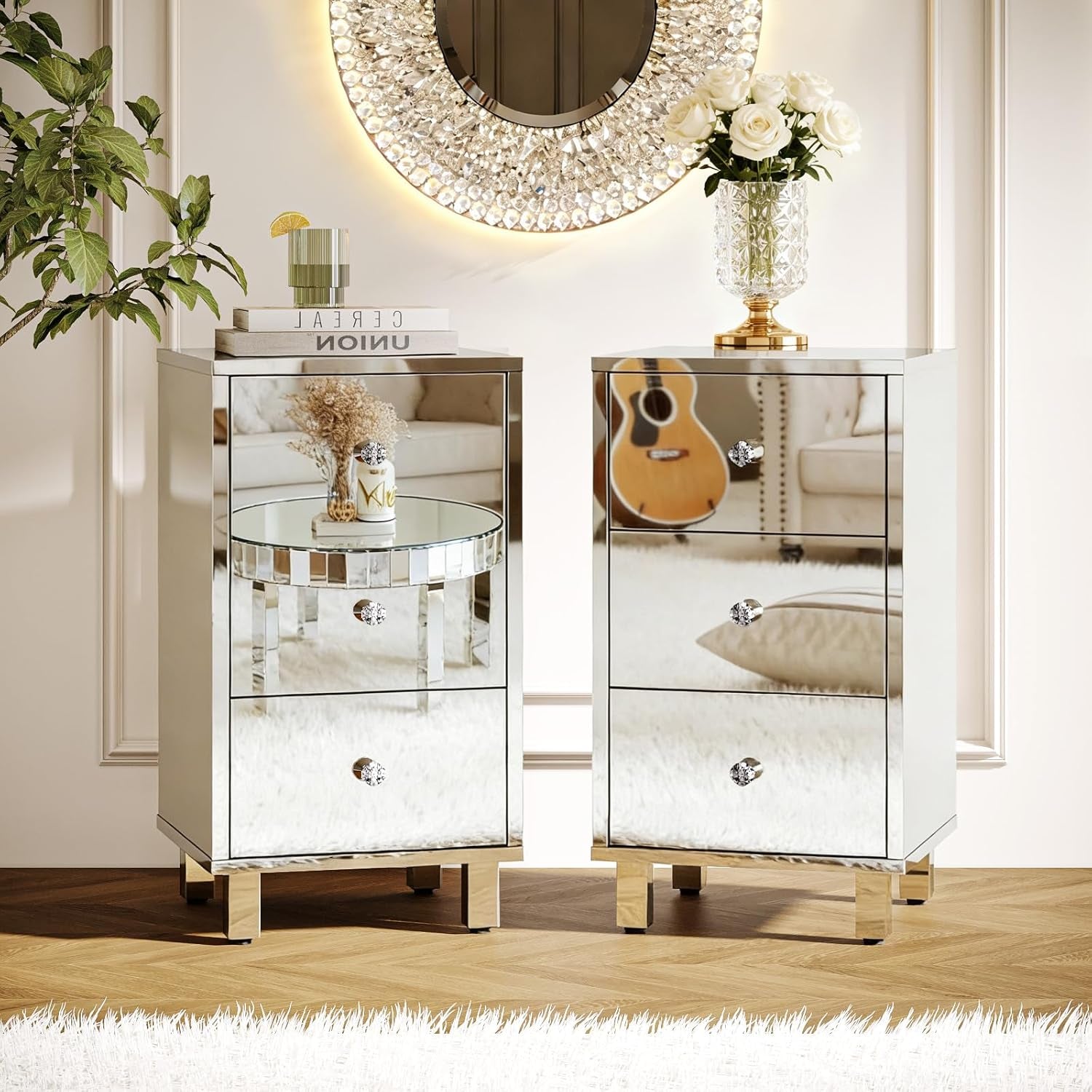 Mirror-Look Nightstands Set of 2, Silver Nightstand with 3 Drawers, Night Stand for Bedroom, Faux Mirrored Nightstand, 11.8" W*11.8" D*23.5" H