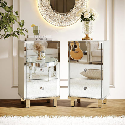 Mirror-Look Nightstands Set of 2, Silver Nightstand with 3 Drawers, Night Stand for Bedroom, Faux Mirrored Nightstand, 11.8" W*11.8" D*23.5" H