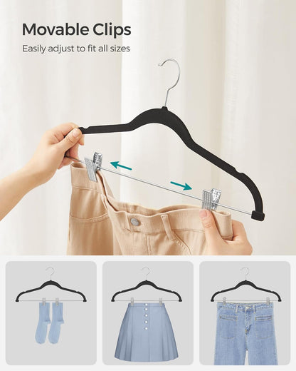 30 Pack Pants Hangers, 16.7 Inches Long Velvet Trousers Hangers with Adjustable Clips, Heavy-Duty, Non-Slip, Space-Saving for Pants, Skirts, Coats, Dresses, Tank Tops, Black UCRF12B30
