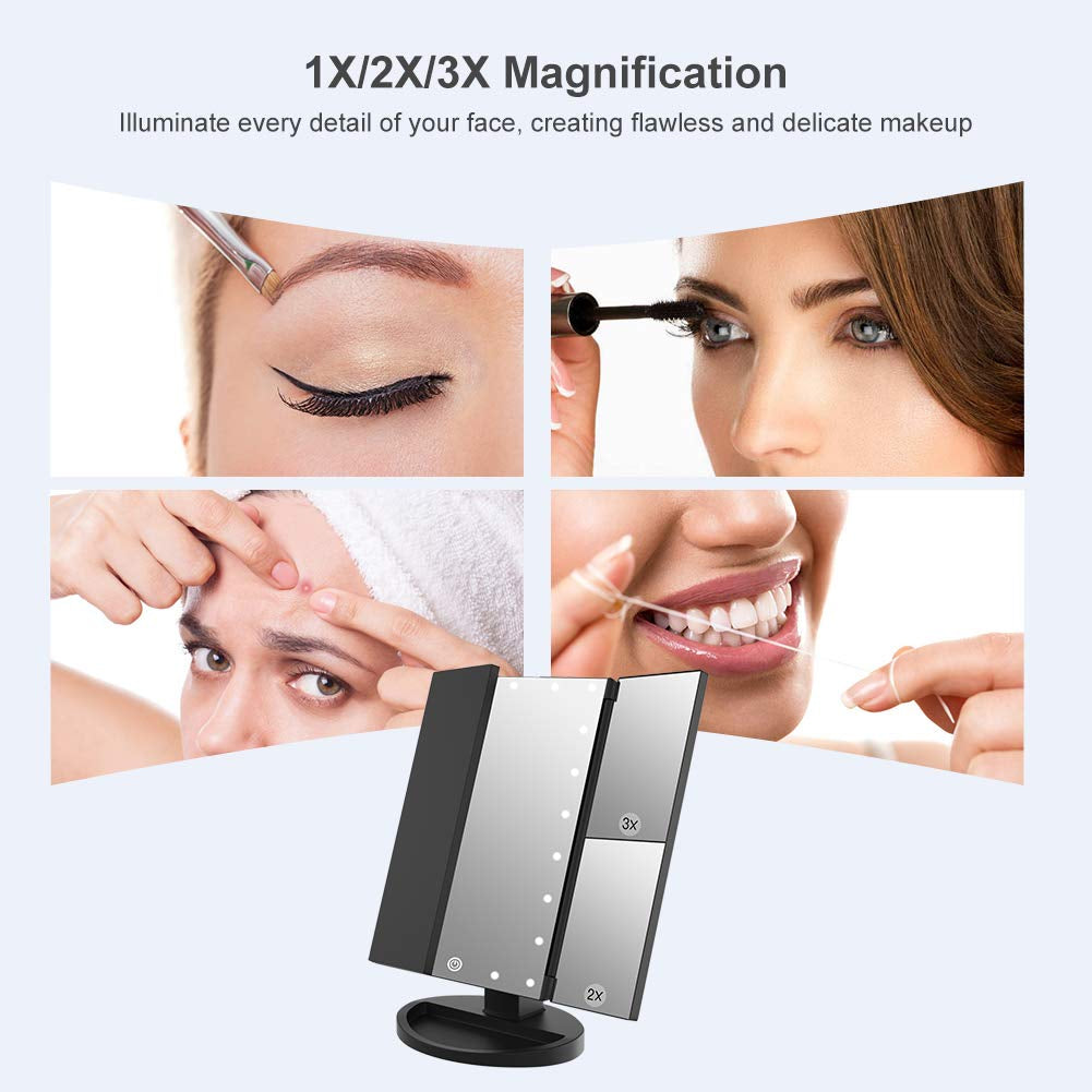 Makeup Mirror with 21 LED Lights,Two Power Supply Modes, Adjustable Touch Screen and 1X/2X/3X Magnification Tri-Fold Vanity Mirror,Chargeable Travel Cosmetic Mirror for Desktop (Black)
