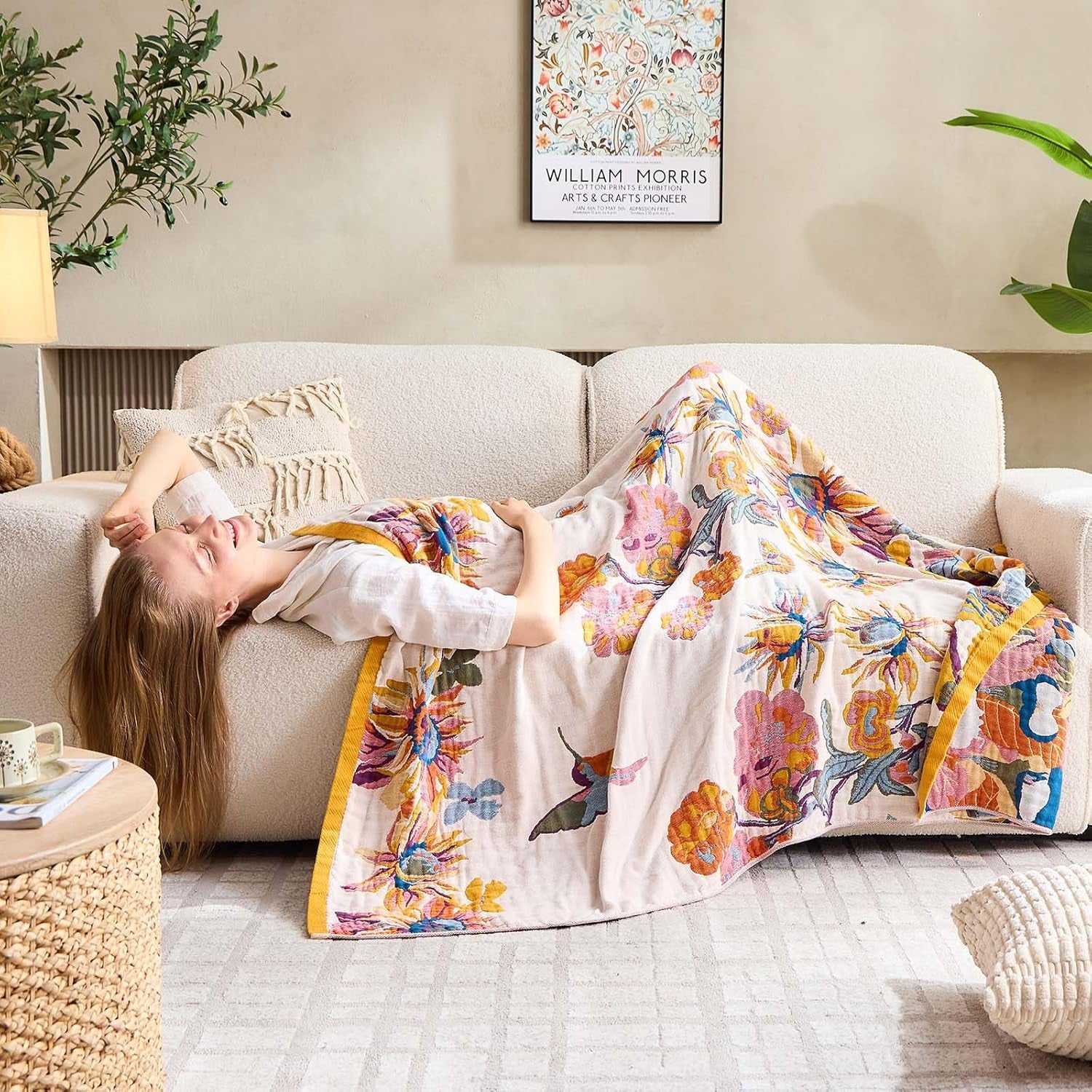 Boho Throw Blanket, 100% Cotton Ultra Soft Luxury Throw Rustic Quilt, 50"X60" Floral Bird Butterfly Farmhouse Decor Bed Blankets, All Season Rustic Reversible Bohemian Throw for Bed - Yellow