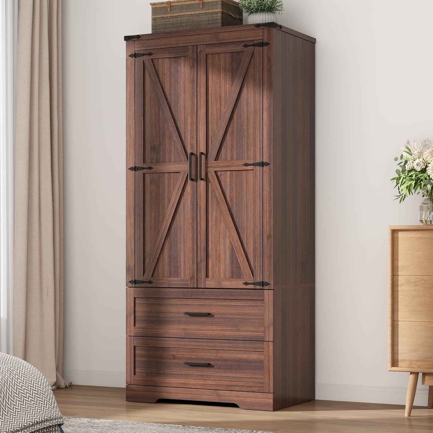 2 Doors Wardrobe Armoire Closet with Doors and Drawers, Farmhouse Wooden Armoire Storage Cabinet with Shelves & Hanging Rod for Bedroom, Brown