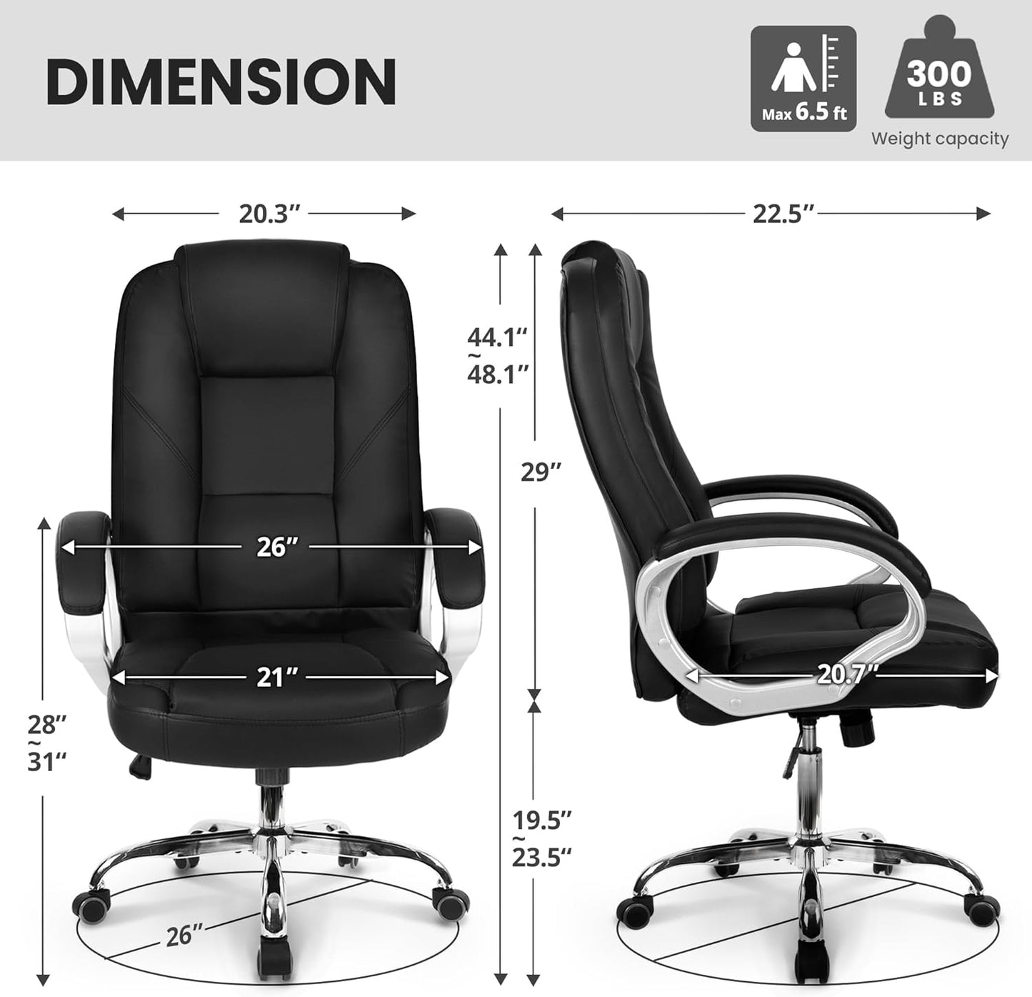 Office Desk Ergonomic Gaming Chair High Back Adjustable Computer Chair with Wheels and Lumbar Support Comfy Leather Executive Swivel (Jet Black)