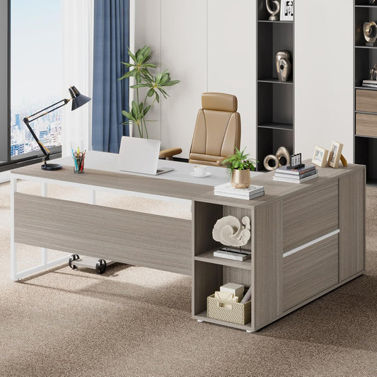 71 Inch Executive Desk, L Shaped Desk with Cabinet Storage, Executive Office Desk with Shelves, Business Furniture Set Workstation for Home Office, Gray and White