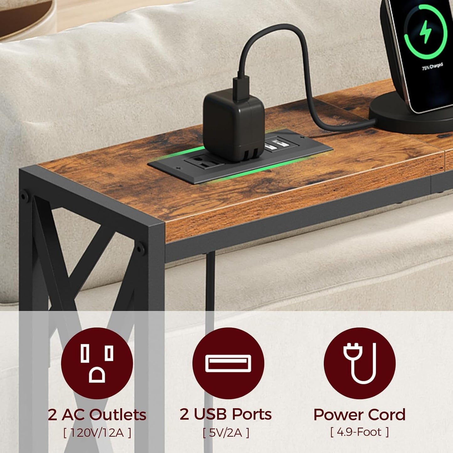 70.8'' Narrow Sofa Table with Charging Station, 2 Pack Skinny Console Table, Long Entryway Hallway Couch Table with Power Outlets, Rustic Brown CTHR152E01S2