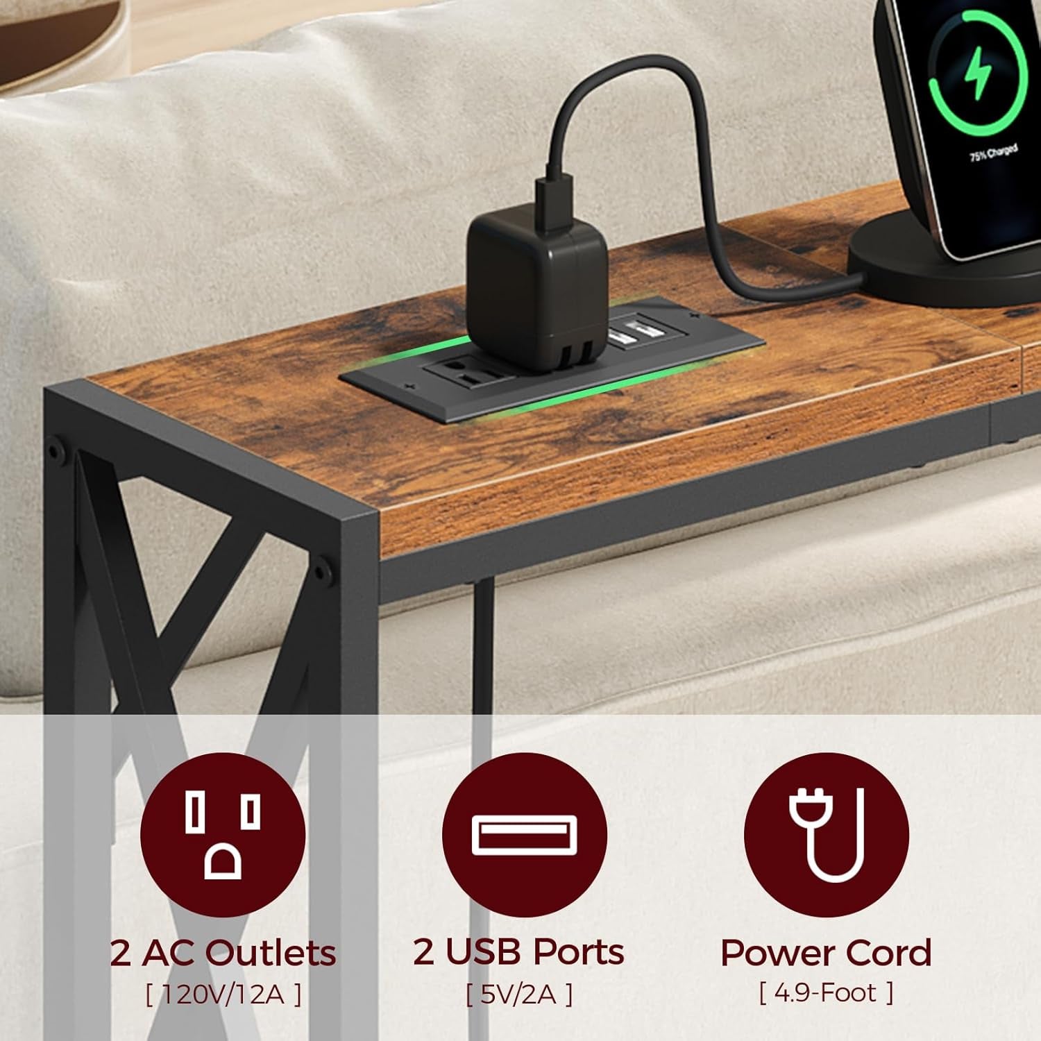 70.8'' Narrow Sofa Table with Charging Station, 2 Pack Skinny Console Table, Long Entryway Hallway Couch Table with Power Outlets, Rustic Brown CTHR152E01S2