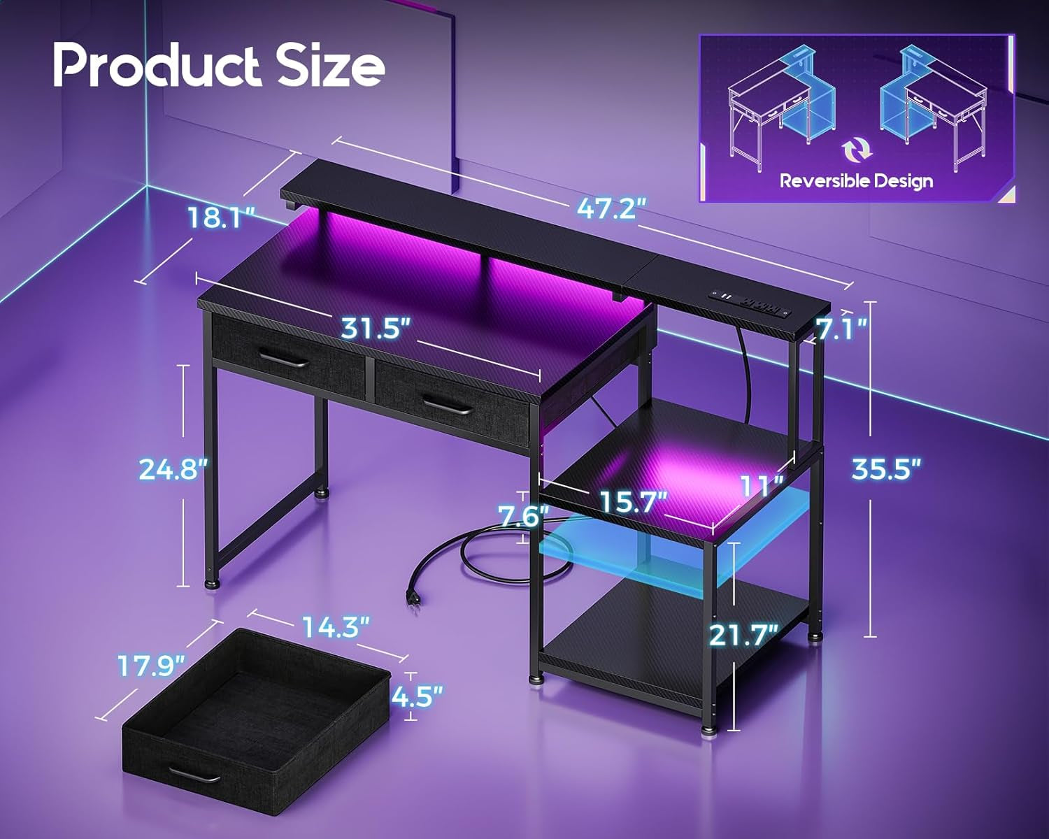 Gaming Desk with Led Lights & Power Outlet, 48 Inch Computer Desk with Drawers, Office Desk with Large Display Storage Shelves, Reversible Desk with Monitor Stand for Home, Carbon Fiber Black