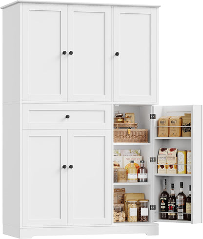 68" Tall Kitchen Pantry Storage Cabinet, Modern Kitchen Hutch Cabinet with Doors and Shelves, Freestanding Food Pantry with Large Storage Drawer for Dining Room, Living Room, White