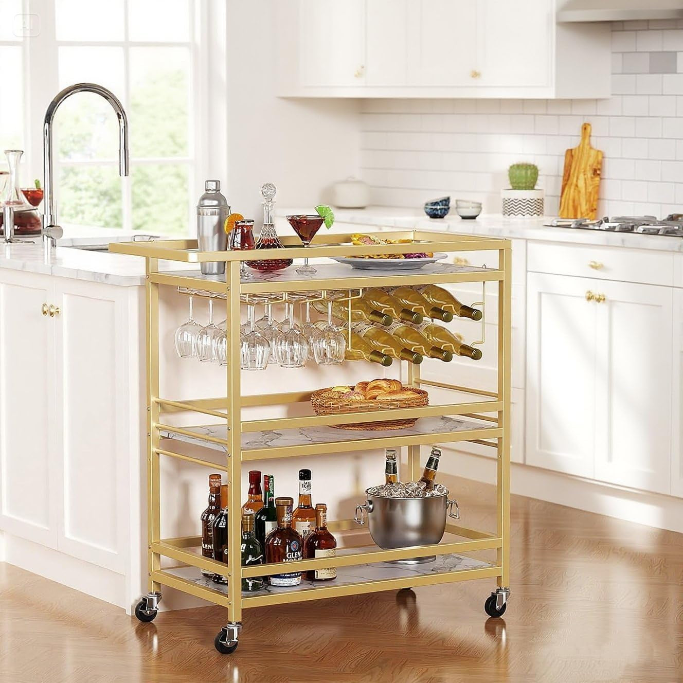 Bar Cart for Home, 3 Tier Gold Serving Rolling Carts with Wheels, Drink Cart, Liquor Stand with Marbled Wooden Shelves, Wine Rack and Glass Holder for Kitchen, Dining Room