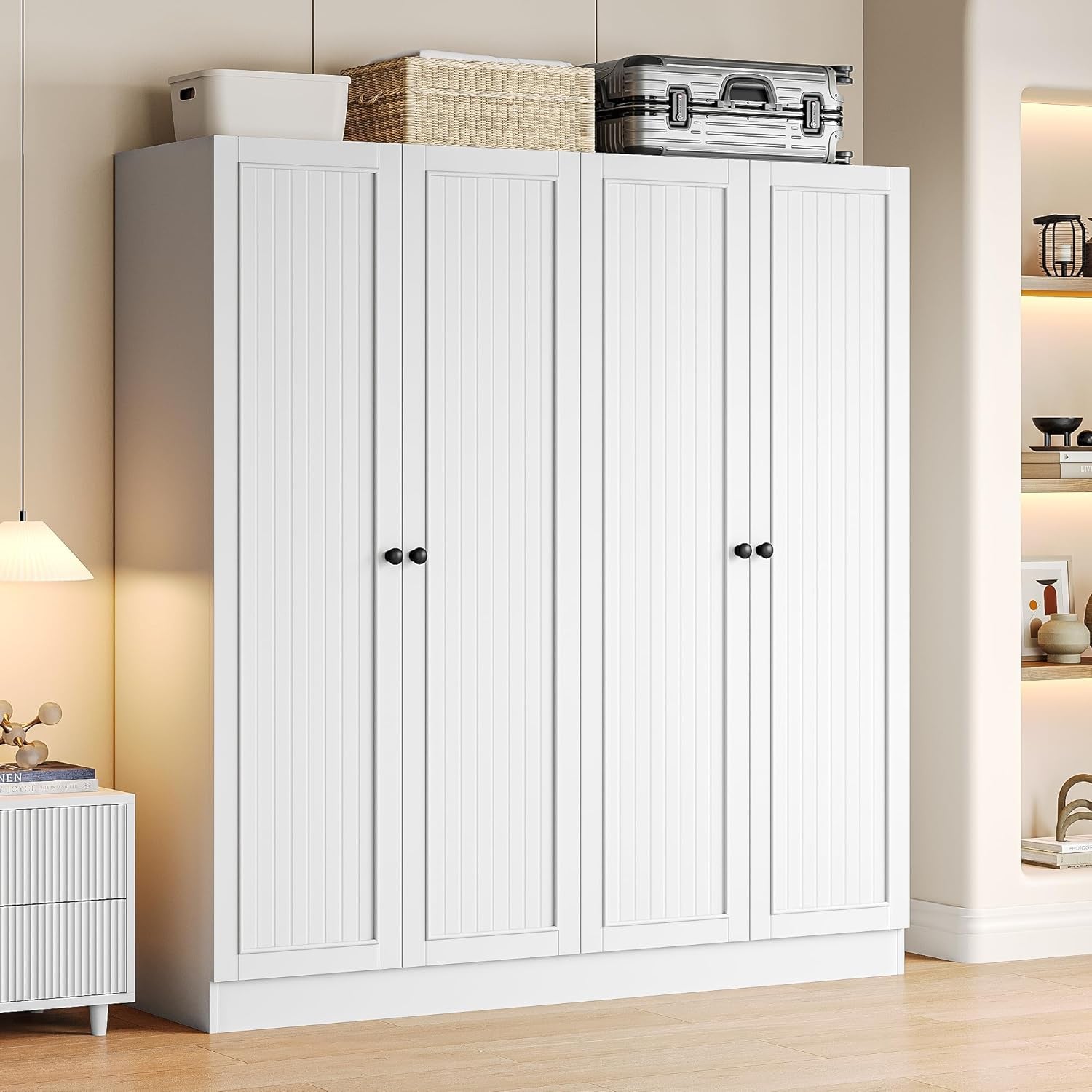 4 Doors Armoire Wardrobe Closet with 2 Drawers, 63" Large Wardrobe Cabinet with Removable Hanging Rods and Adjustable Shelves, Closet Storage Cabinet for Bedroom, Cloak Room, White