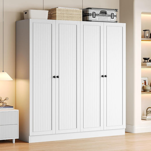 4 Doors Armoire Wardrobe Closet with 2 Drawers, 63" Large Wardrobe Cabinet with Removable Hanging Rods and Adjustable Shelves, Closet Storage Cabinet for Bedroom, Cloak Room, White