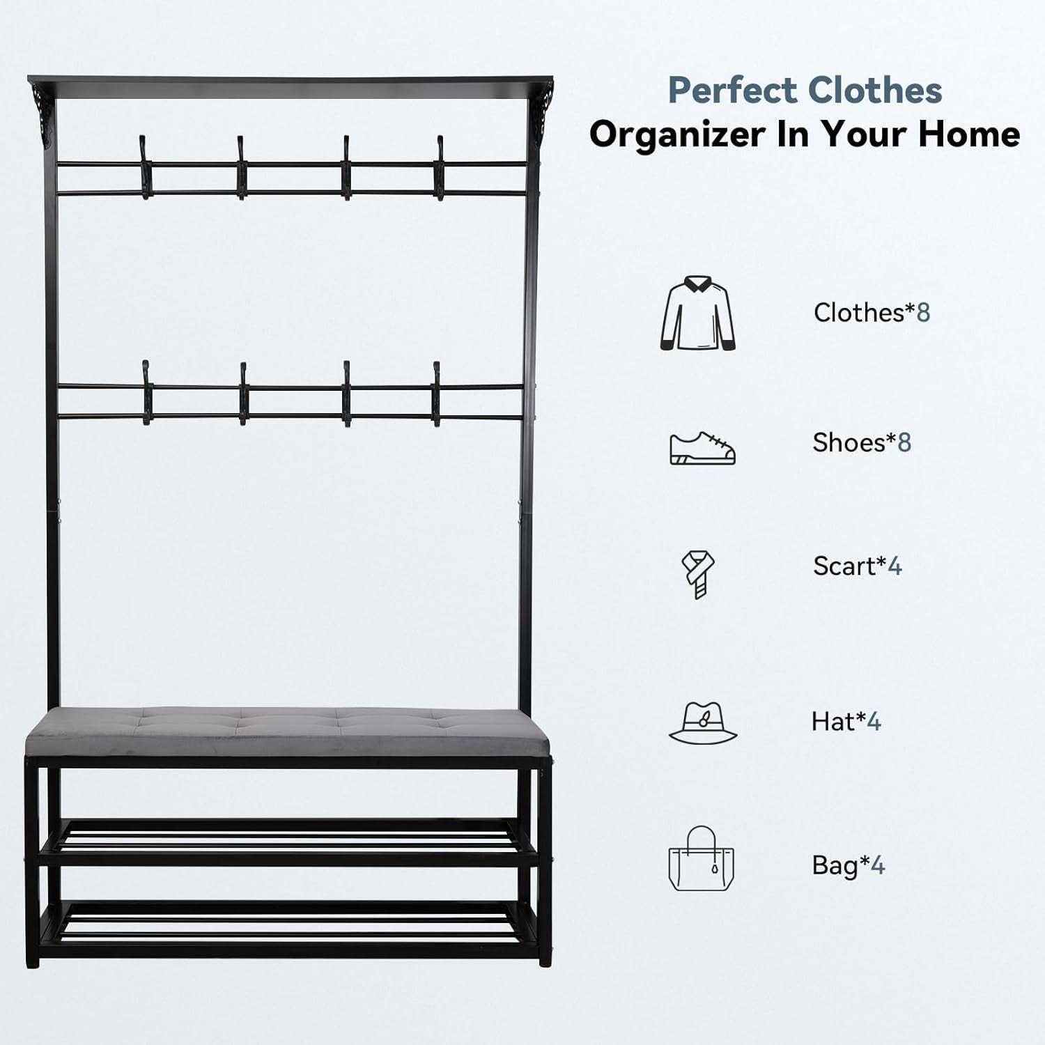 4-In-1 Entryway Hall Tree with Bench & Shoe Storage, 39.3" Multifunctional Coat Rack Organizer for Mudroom, Entryway Furniture with Adjustable Cushion, 400 Lb Weight Capacity.
