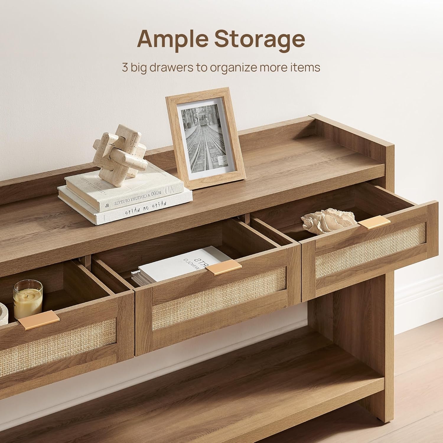 60" Rattan Console Table for Entryway - Farmhouse Entry Table Sofa Table with 3 Drawers, Narrow TV Console Table with Storage for Living Room, Hallway, Couch, Foyer