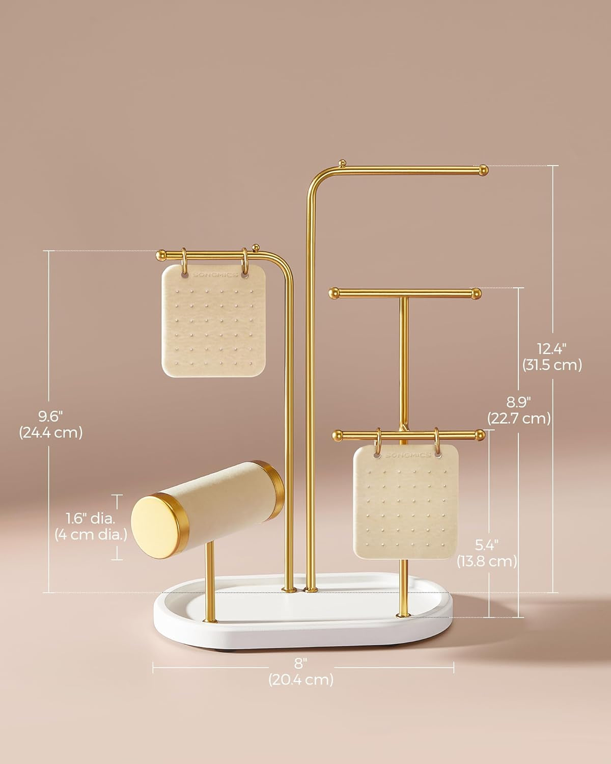 Jewelry Stand, Jewelry Organizer, Jewelry Display Holder with Metal Frame, 2 Earring Boards, 4 Hanging Rods, Necklace Earring Bracelet Holder, for Watches, Metallic Gold UJJS025A01