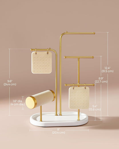 Jewelry Stand, Jewelry Organizer, Jewelry Display Holder with Metal Frame, 2 Earring Boards, 4 Hanging Rods, Necklace Earring Bracelet Holder, for Watches, Metallic Gold UJJS025A01