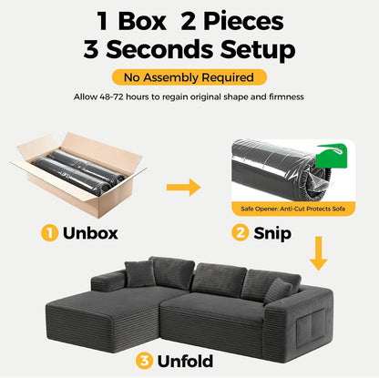 108” Cloud Sectional Couch, Modular Sectional Sofa with Deep Seat, Corduroy Boneless Couches with Chaise for Living Room Bedroom, 4 Storage Pockets& 1 Catch All Tray (Left Facing Chaise, Grey)