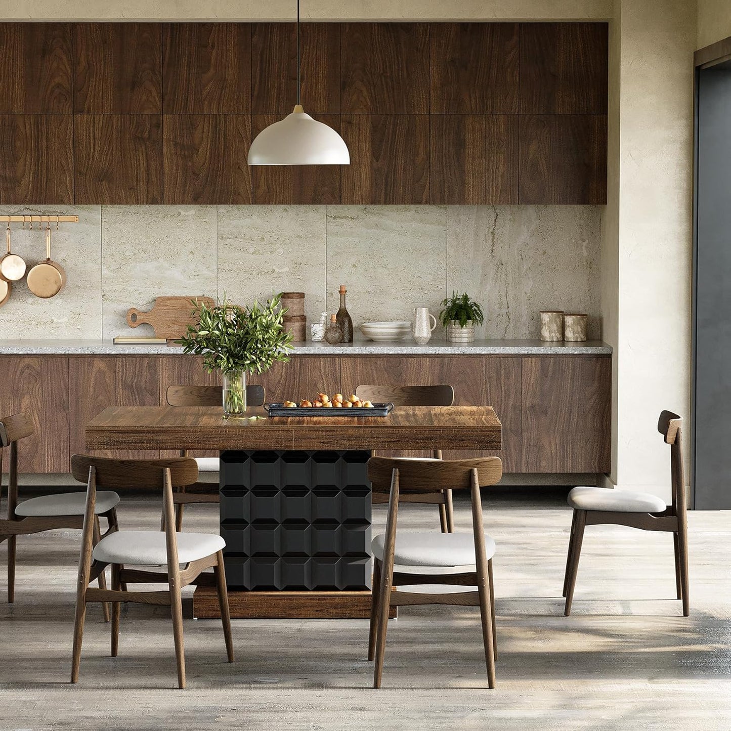 63" Modern Dining Table, Rectangular Dinner Table for 4-6, Farmhouse Kitchen Table, Sturdy Wood Pedestal Base for Kitchen/Dining Room, Rustic Brown & Black