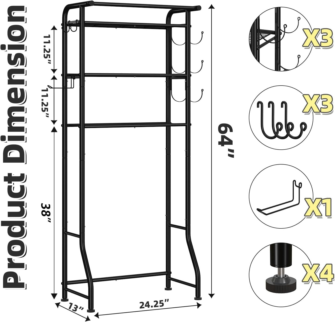 3 Tier over the Toilet Rack, Shelf Bathroom, Bathroom Stand Organizer Space Saver, Black