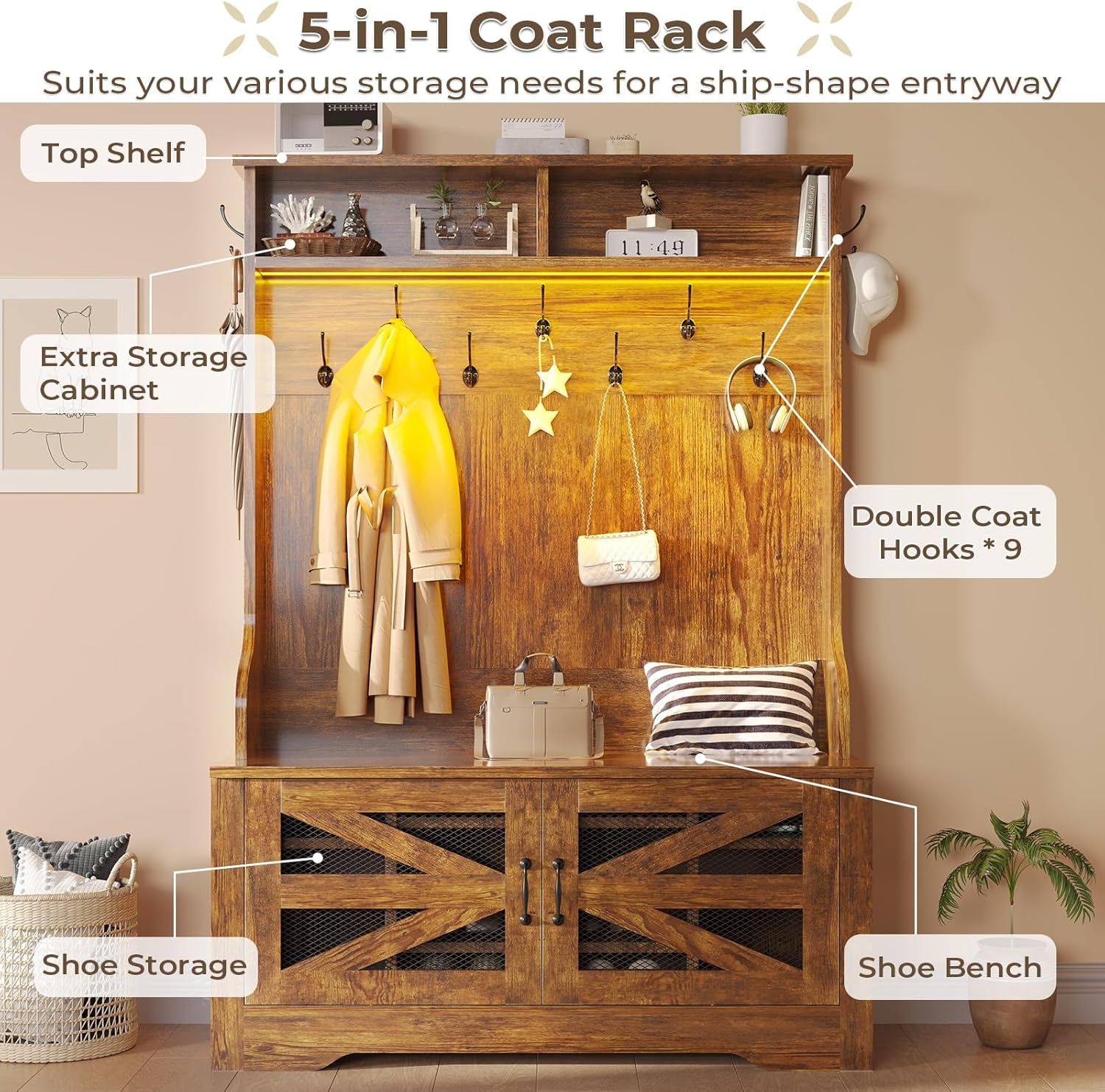Hall Tree with Bench and Shoe Storage, 5-In-1 Entryway Bench with Coat Rack, 10 Shoe Cubbies & 9 Coat Hooks, Barn Door & Adjustable Shelf (Rustic Brown)