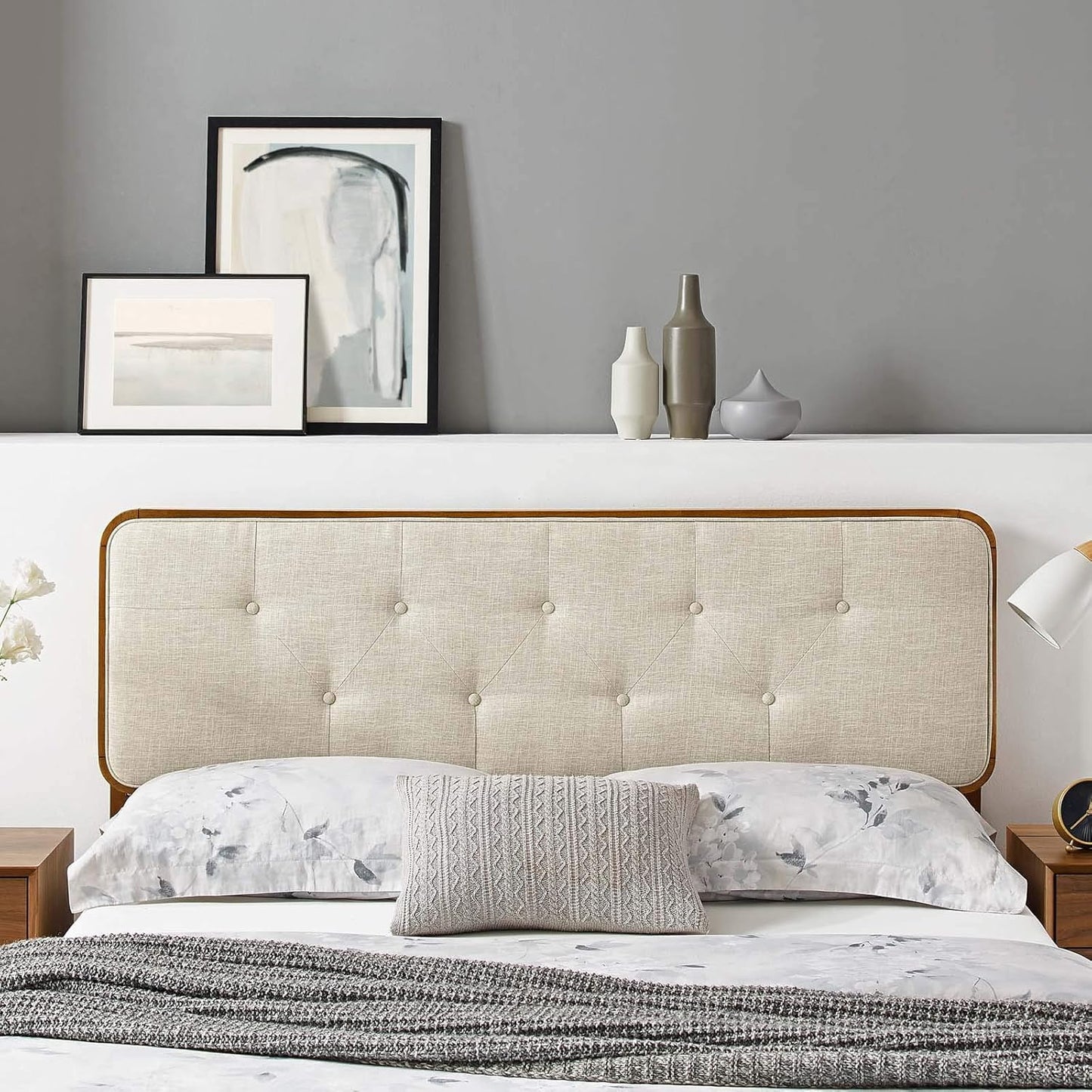 MOD-6235-WAL-BEI Collins Tufted King Fabric and Wood Headboard, Walnut Beige