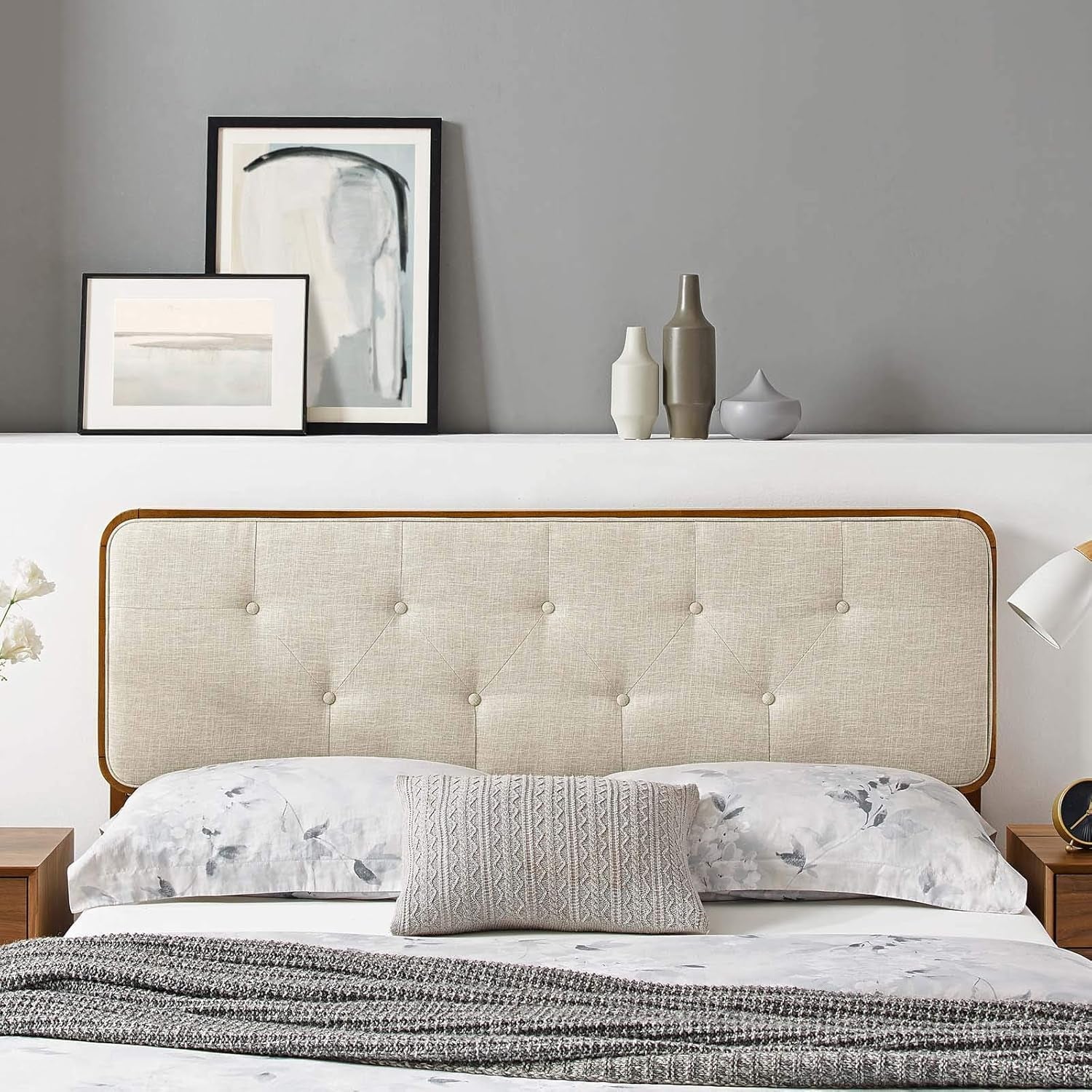 MOD-6235-WAL-BEI Collins Tufted King Fabric and Wood Headboard, Walnut Beige