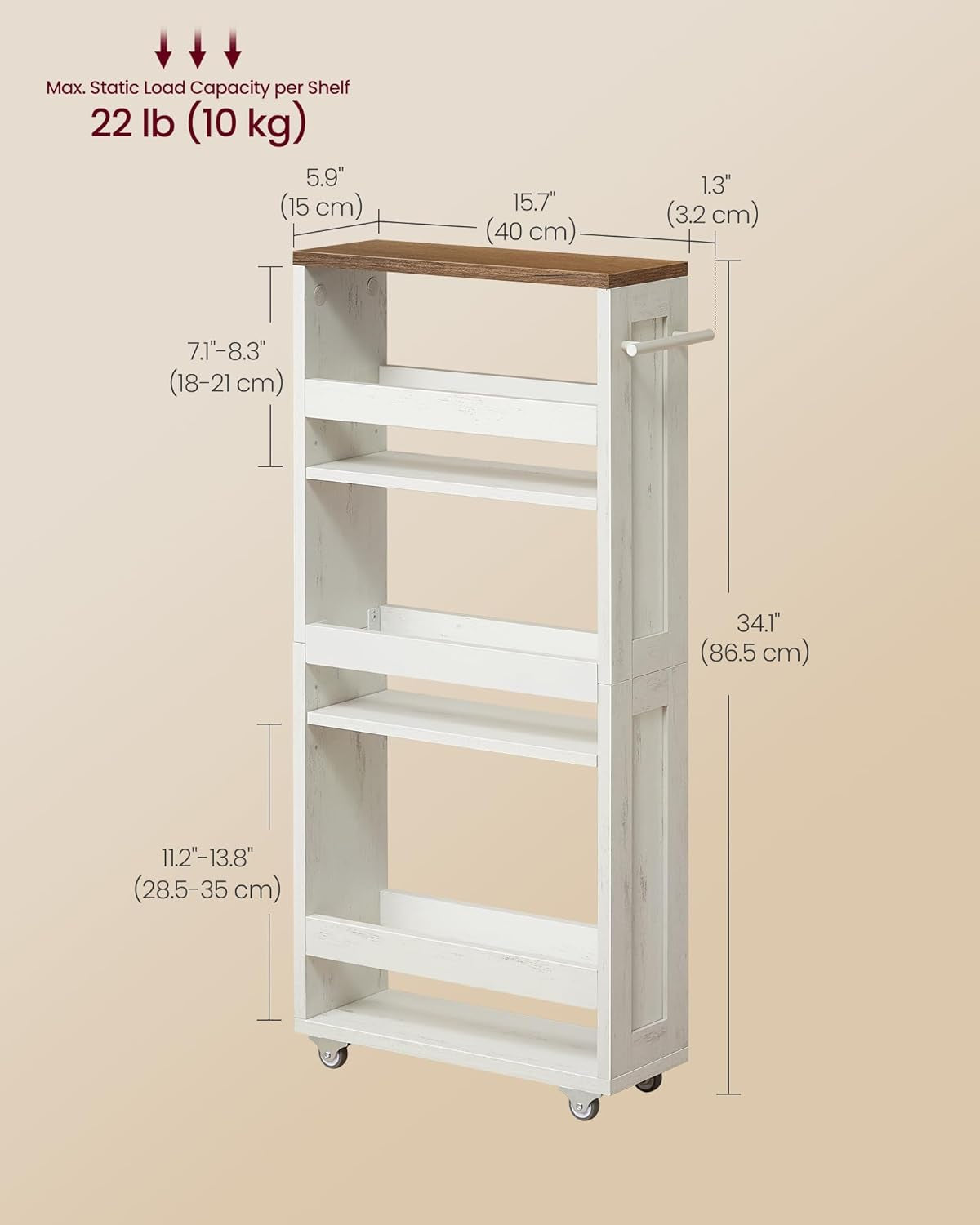 4-Tier Slide-Out Storage Cart, Slim Kitchen Cart for Small Spaces, with Wheels, Handle, Bathroom, Laundry Room, 5.9 X 17 X 34.1 Inches, Rustic White and Honey Brown ULRC050K01