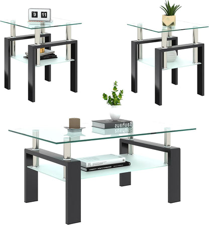 Living Room Tables Set,3 Piece Glass Coffee Table and End Tables Set for Living Room, Coffee Table Set with Tempered Glass Tabletop and Metal Frame for Apartment, Small Space, Black