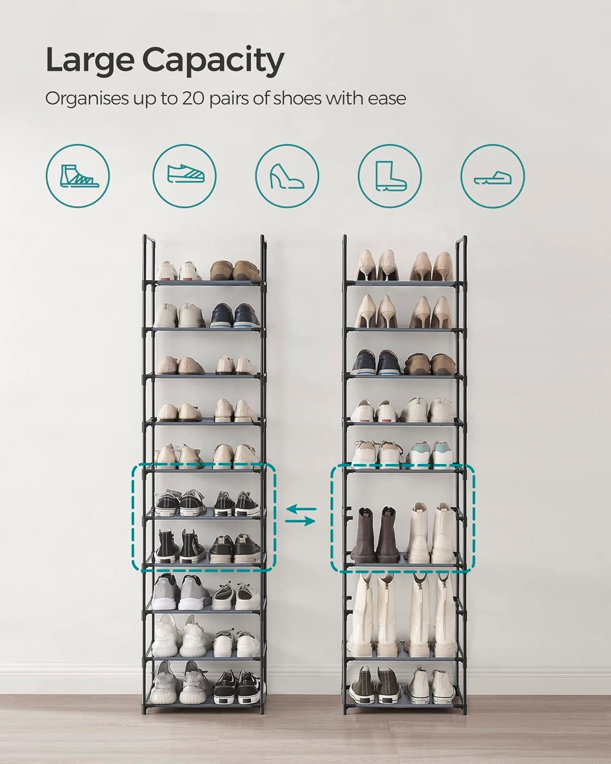 Shoe Rack, 10-Tier Shoe Shelf, Shoe Storage Organizer, 11 X 17.7 X 68 Inches, Metal Frame, Non-Woven Fabric Shelves, for Entryway, Bedroom, Gray ULSH010G01