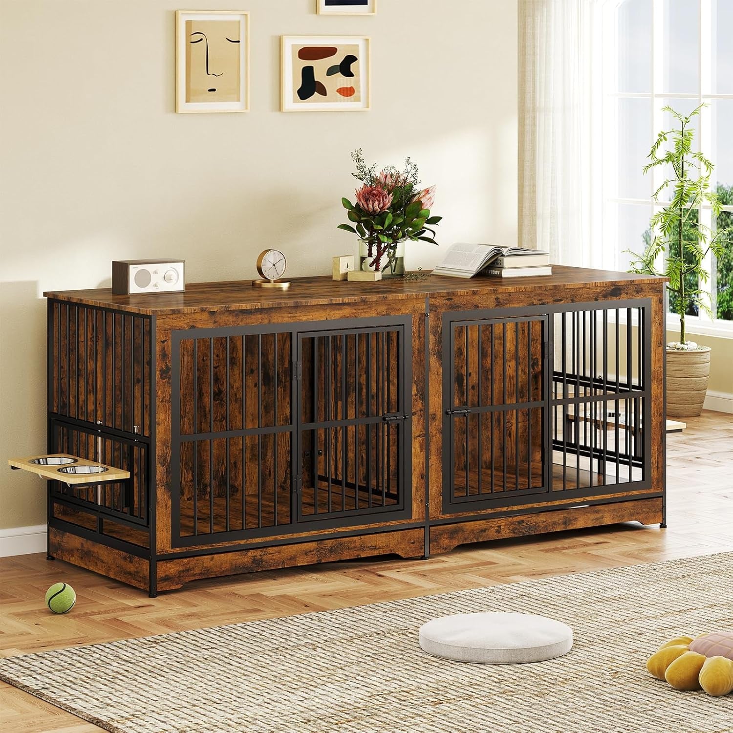 78 Double Dog Crate Furniture for 2 Large Dogs Indoor, Wooden Furniture Dog Crates with Dog Bowl, Dog Kennel Furniture TV Stand Large Breed Brown