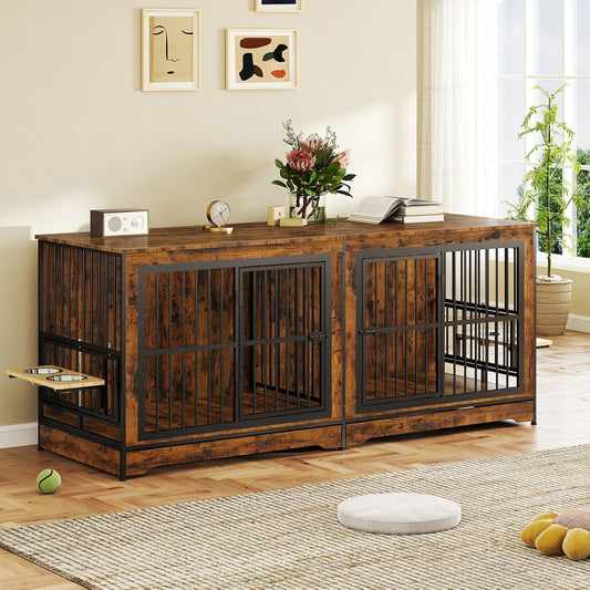78 Double Dog Crate Furniture for 2 Large Dogs Indoor, Wooden Furniture Dog Crates with Dog Bowl, Dog Kennel Furniture TV Stand Large Breed Brown
