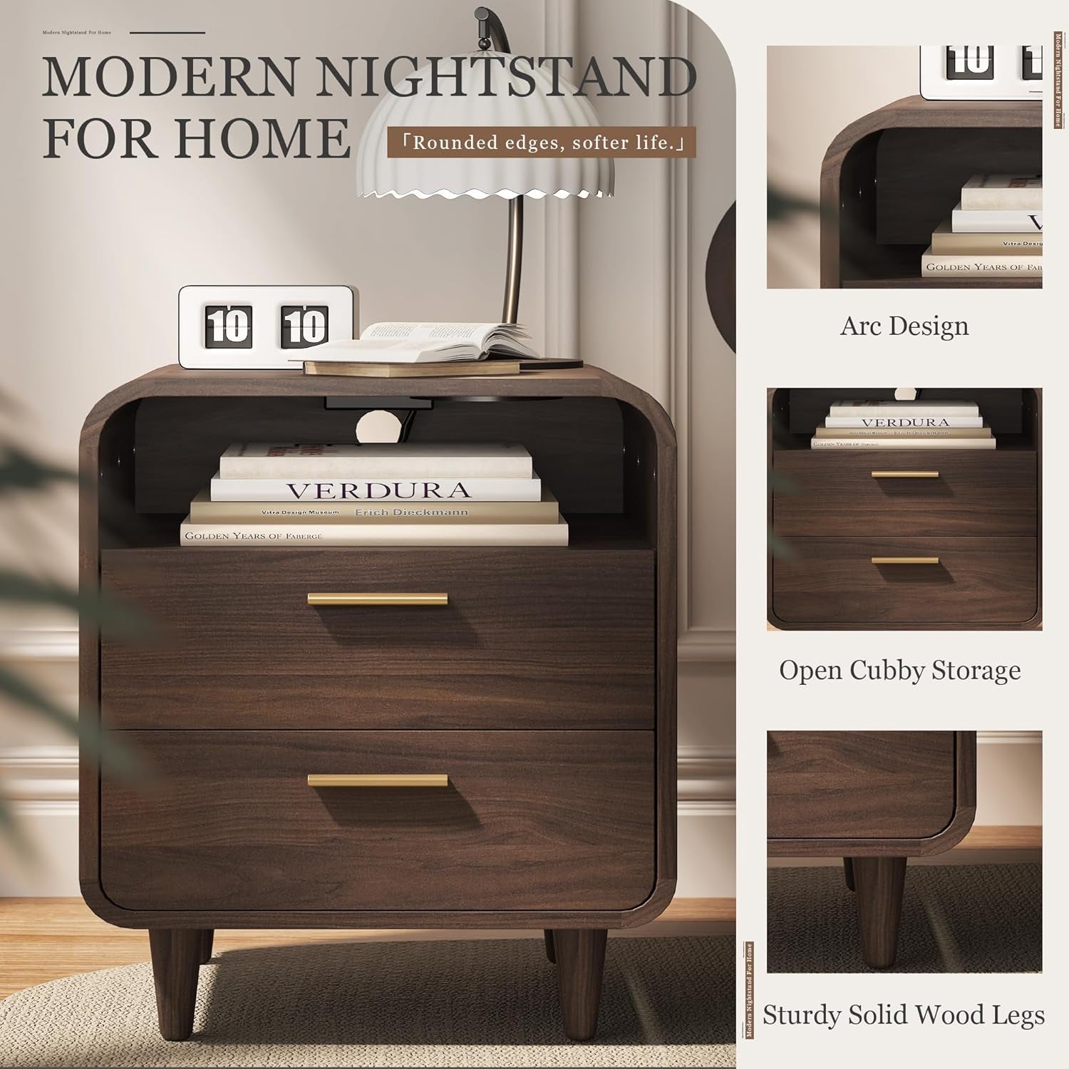 22.2'' Nightstands Set of 2 with Charging Station, Mid-Century Modern Bedside Table W/2 Drawers and Shelves, Side Table and End Table for Bedroom and Living Room, Curved Design(Walnut)