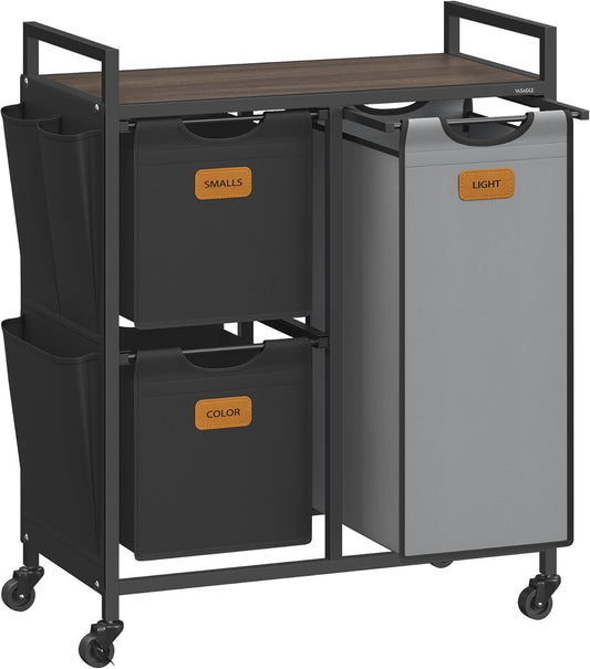 Laundry Hamper with 3 Compartments, 26.4 Gal. (100 L) Laundry Sorter, Rolling Laundry Cart with Shelves, Small Side Pockets, 6 Labels, Chestnut Brown, Ink Black and Dove Gray UBLH202B01
