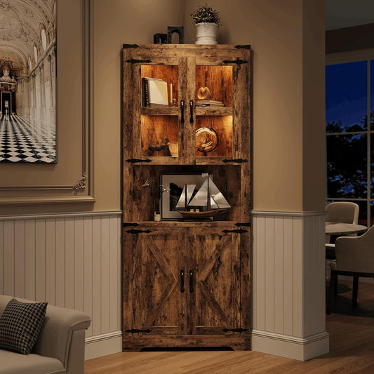 67 in Tall Corner Storage Cabinet with Lights, Farmhouse Corner Hutch Display Cabinet with Glass Doors, Wooden Storage Organizer for Kitchen, Living Room, Bathroom, Brown