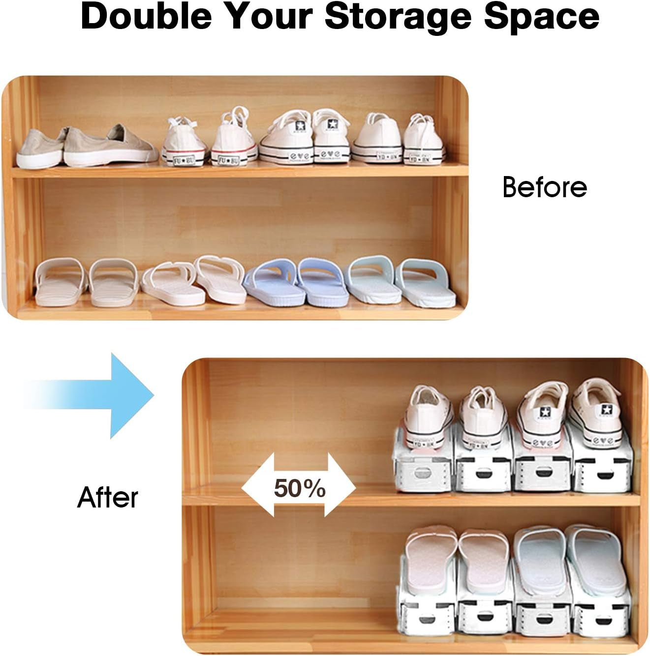 Shoe Slots Organizer, 20 Pack Adjustable Shoe Rack Stacker Storage Space Saver, Double Deck Shoe Rack Holder for Closet Organization (White)