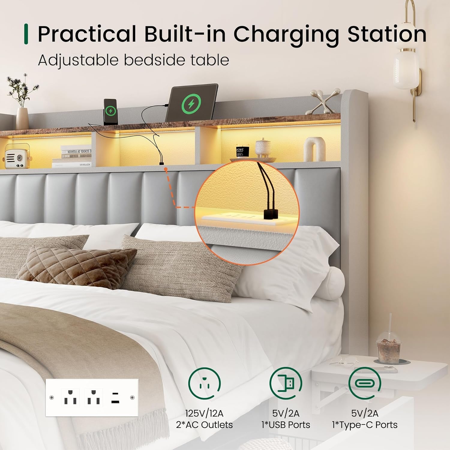 Queen Bed Frame with Headboard,4 Storage Drawers,And Built-In Adjustable Desk,Charging Station,Easy Assembly,No Box Spring Needed,Light Grey