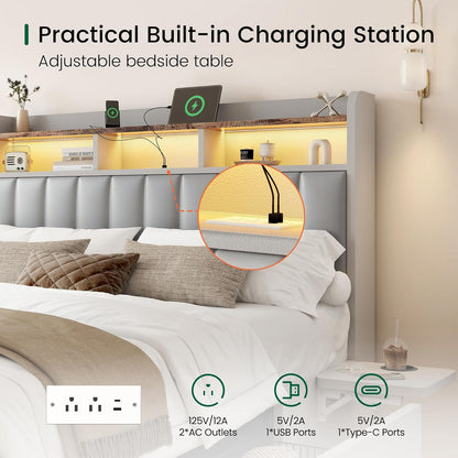 Queen Bed Frame with Headboard,4 Storage Drawers,And Built-In Adjustable Desk,Charging Station,Easy Assembly,No Box Spring Needed,Light Grey