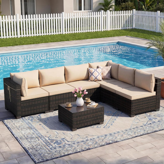 7Pcs Outdoor Patio Furniture Sets,Rattan Conversation Sectional Set,Manual Weaving Wicker Patio Sofa with Tea Table