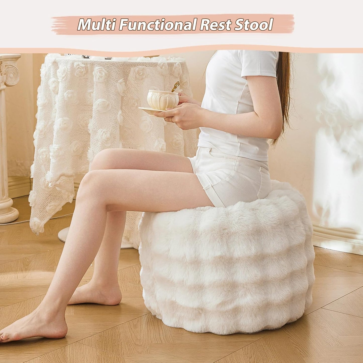 Faux Rabbit Fur round Inflatable Pouf Ottoman, 20 X 16 Waffle Bubble Fluffy Fuzzy Floor Poufs Foot Rest for Adults Kids Girls, Furry Pouf Chair Foot Stool Couch Home Decor, Anti-Slip, Beige