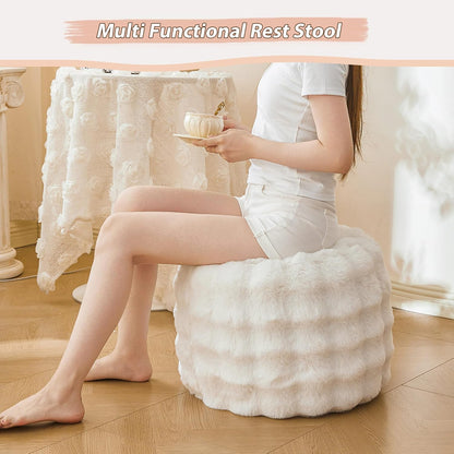 Faux Rabbit Fur round Inflatable Pouf Ottoman, 20 X 16 Waffle Bubble Fluffy Fuzzy Floor Poufs Foot Rest for Adults Kids Girls, Furry Pouf Chair Foot Stool Couch Home Decor, Anti-Slip, Beige