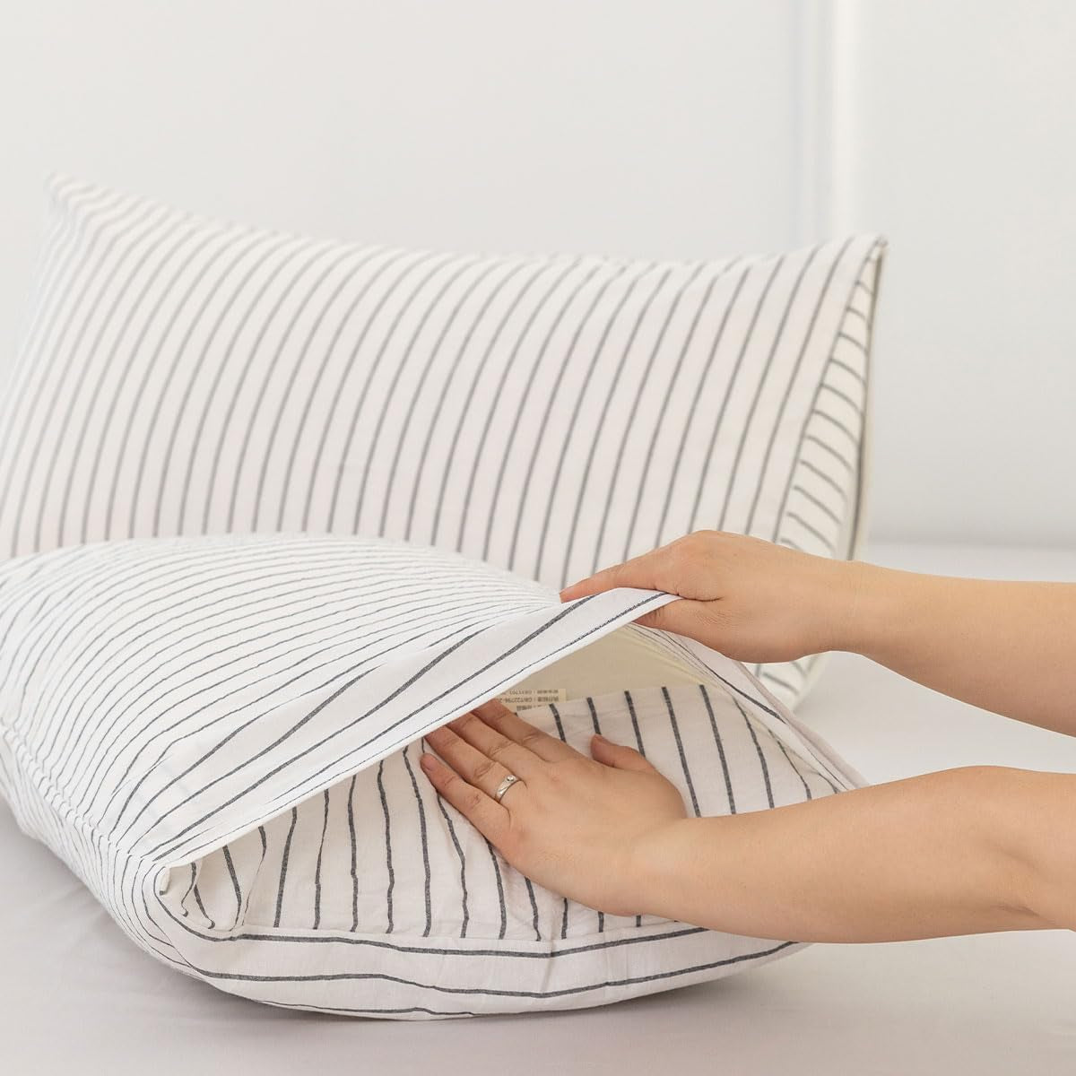Bedding Pillowcases Striped Pack of 2 100% Washed Cotton Linen like Textured Breathable Durable Soft Comfy (White Dark Grey Wide Stripes, King)