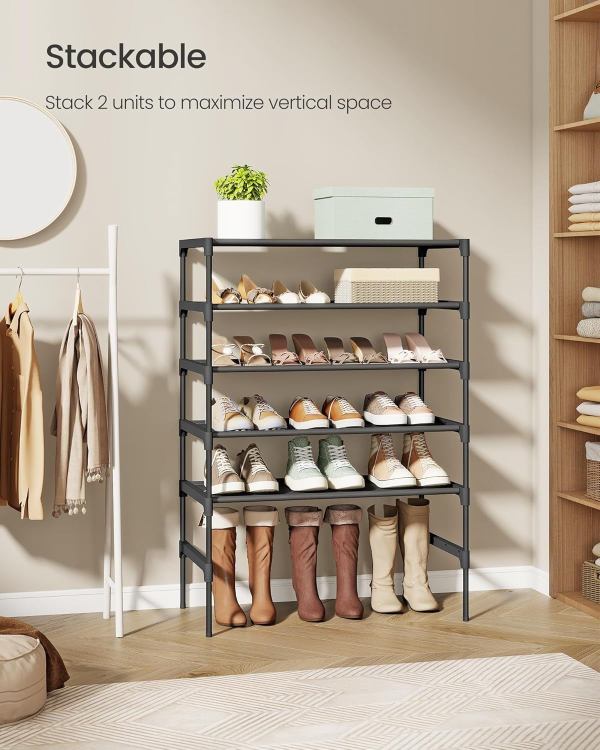 Shoe Rack, 3-Tier Shoe Storage Organizer, Space-Saving, 11.7 X 24.5 X 21 Inches, Entryway, Metal Frame, Non-Woven Fabric Shelves, Ink Black ULSH023BH01