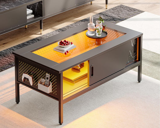 42 Inch LED Coffee Table with Storage, Modern Coffee Table with Glass Top for Living Room, Black Coffee Center Table with LED Lights