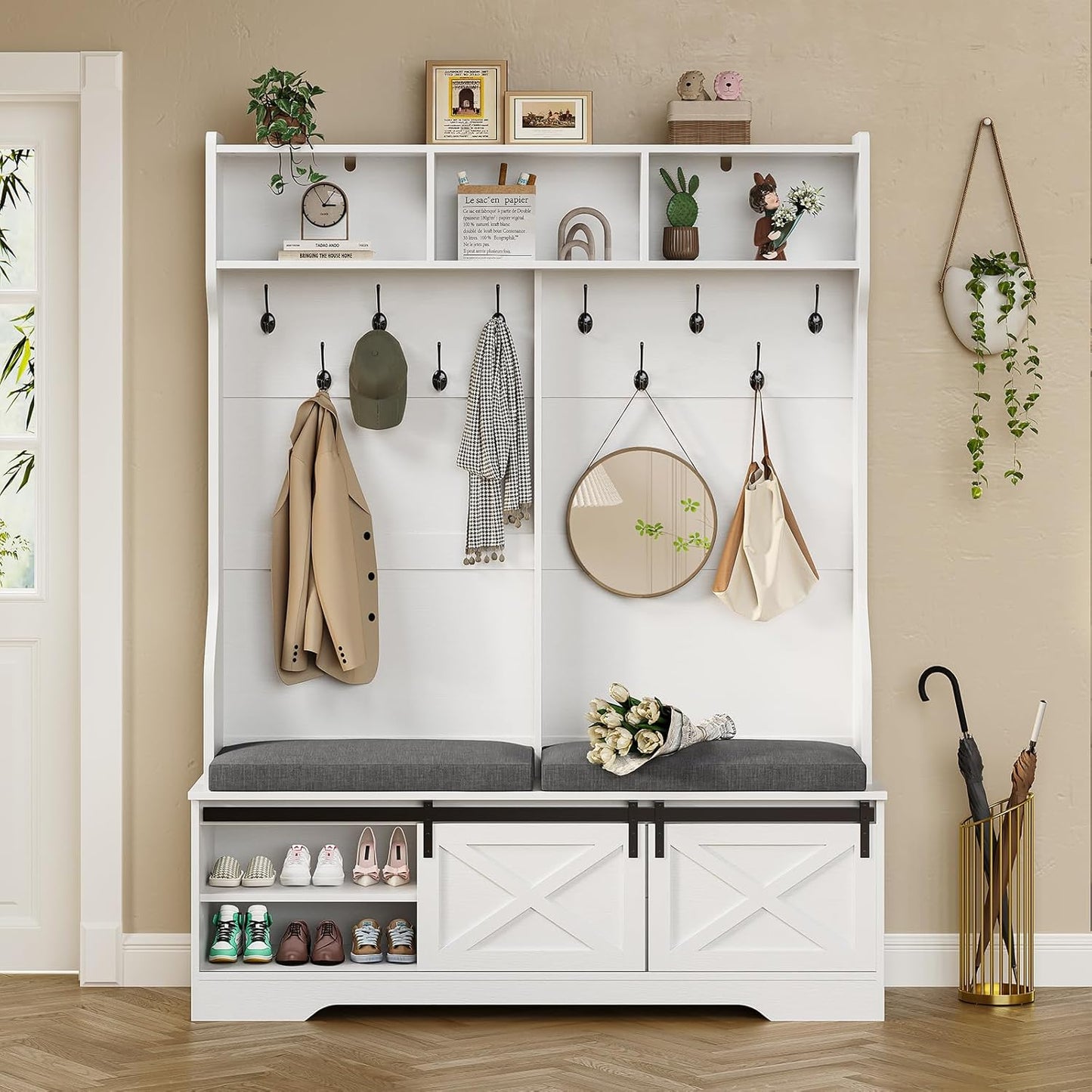 Hall Tree with Bench and Shoe Storage, Entryway Bench with Coat Rack, Modern Farm House Barn Door 3-In-1 Hall Tree with Storage Cushioned Stool and Hooks for Hallway, Living Room (60IN)